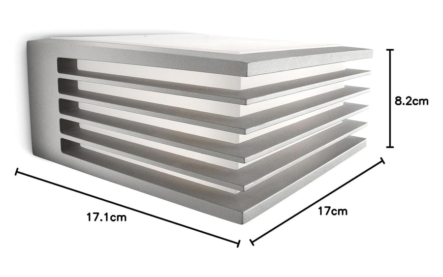 Graue Wandleuchte mit Abmessungen von 17,1 cm x 17 cm x 8,2 cm. Modernes Design.
