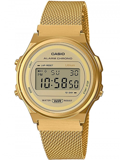Goldene Casio Uhr mit digitaler Anzeige, Alarm und Chrono-Funktion, wasserfest.