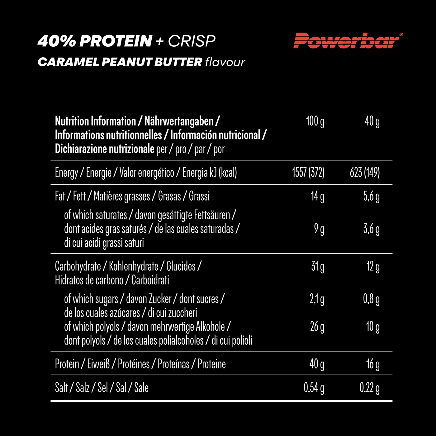 Nährwertangaben von Powerbar 40% Proteinriegel Caramel Peanut Butter.