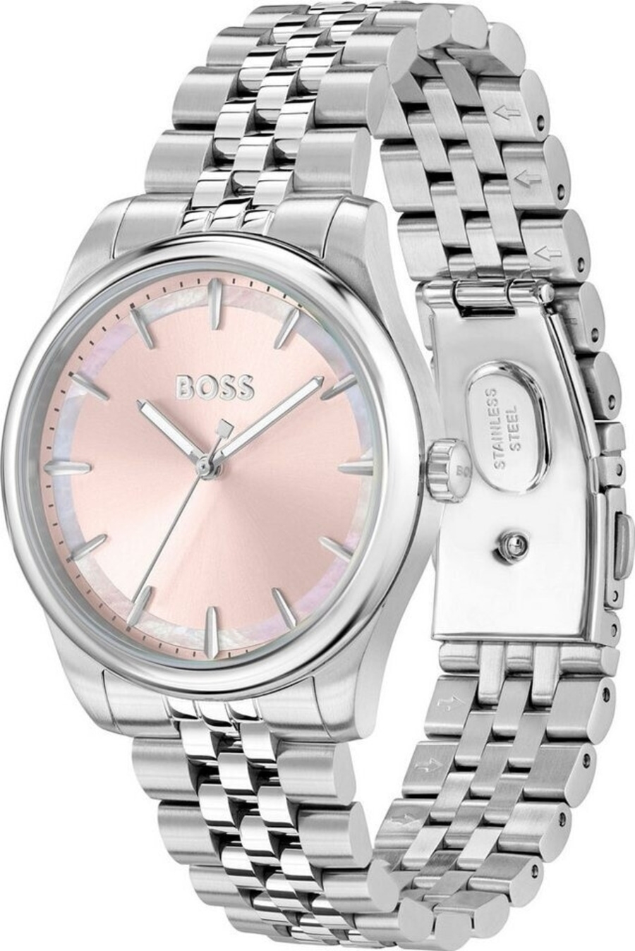 Ein stilvolles silbernes Armbanduhr mit einem zartrosa Zifferblatt und silbernen Indizes.