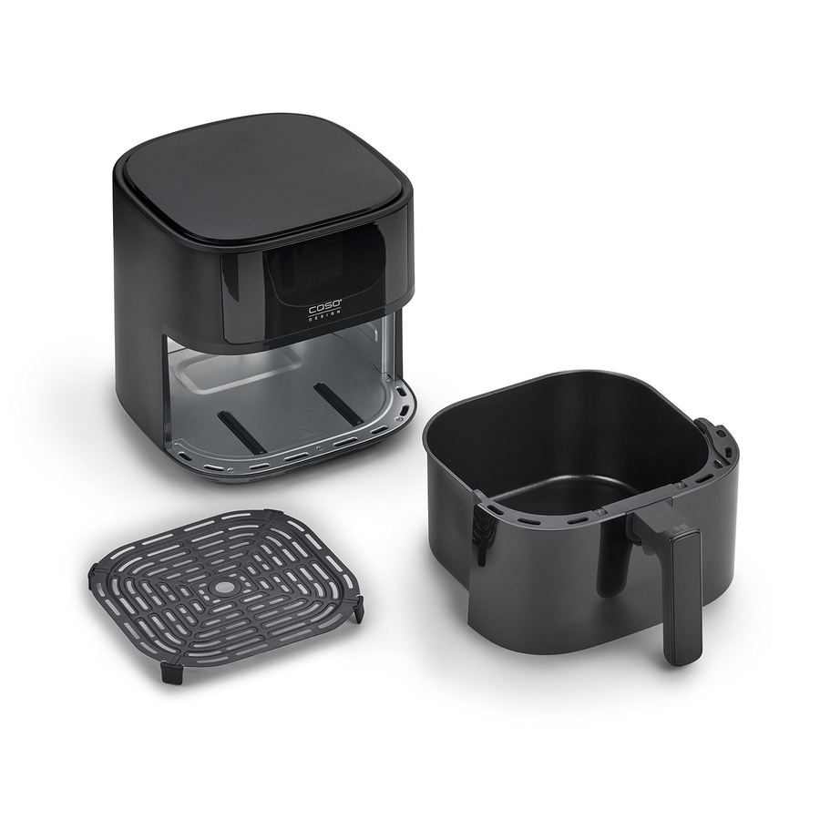 Schwarze Heißluftfritteuse mit herausnehmbaren Teilen und einem Rost für das Essen.