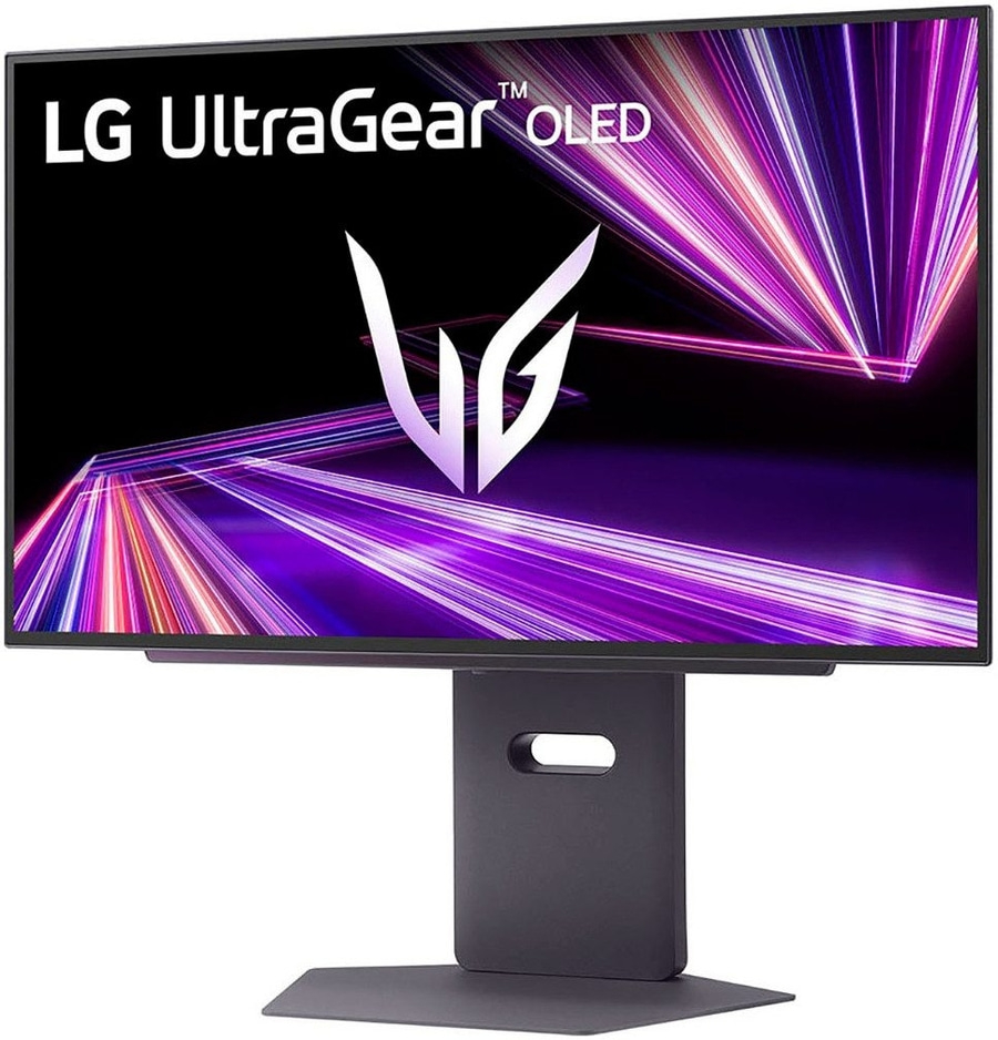 LG UltraGear OLED Monitor mit Standfuß, lila Hintergrund, Logo