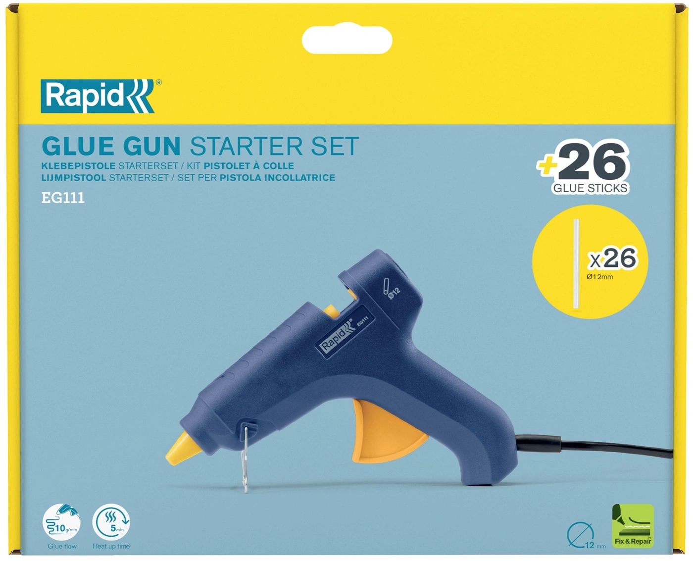 Verpackung eines Rapid Heißklebepistolen-Startersets mit 26 Klebestiften