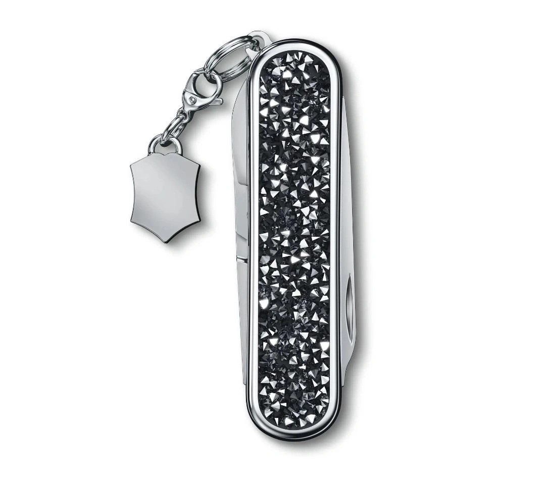 Taschenmesser mit Kristallen und Schlüsselanhänger, glänzend, elegant, silber