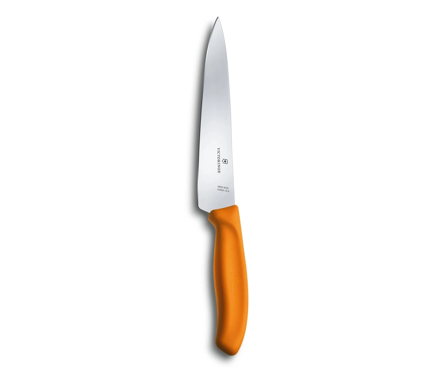 Ein oranges Victorinox Kochmesser mit silberner Klinge.