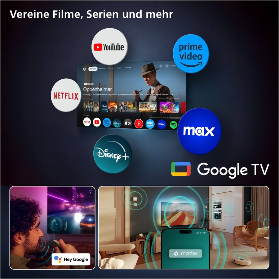 TV-Gerät mit Streaming-Diensten wie Netflix, YouTube, Prime Video, Disney+ und Google TV.