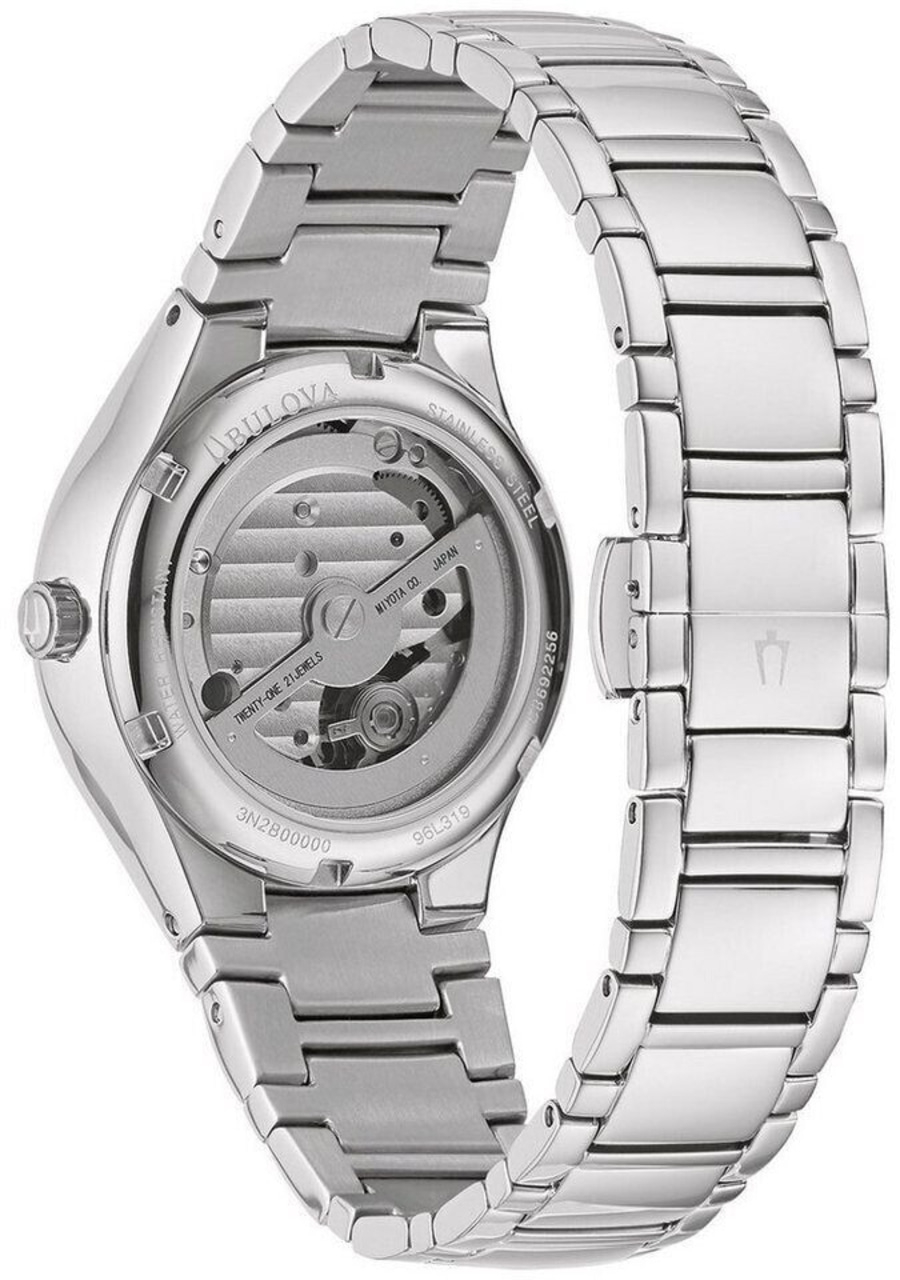 Bulova Uhr, Edelstahl, Automatikwerk, transparentes Zifferblatt, Armband, Detailaufnahme