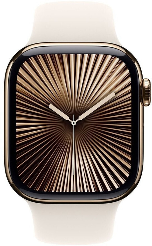 Goldene Apple Watch mit cremefarbenem Armband und goldenem Zifferblatt