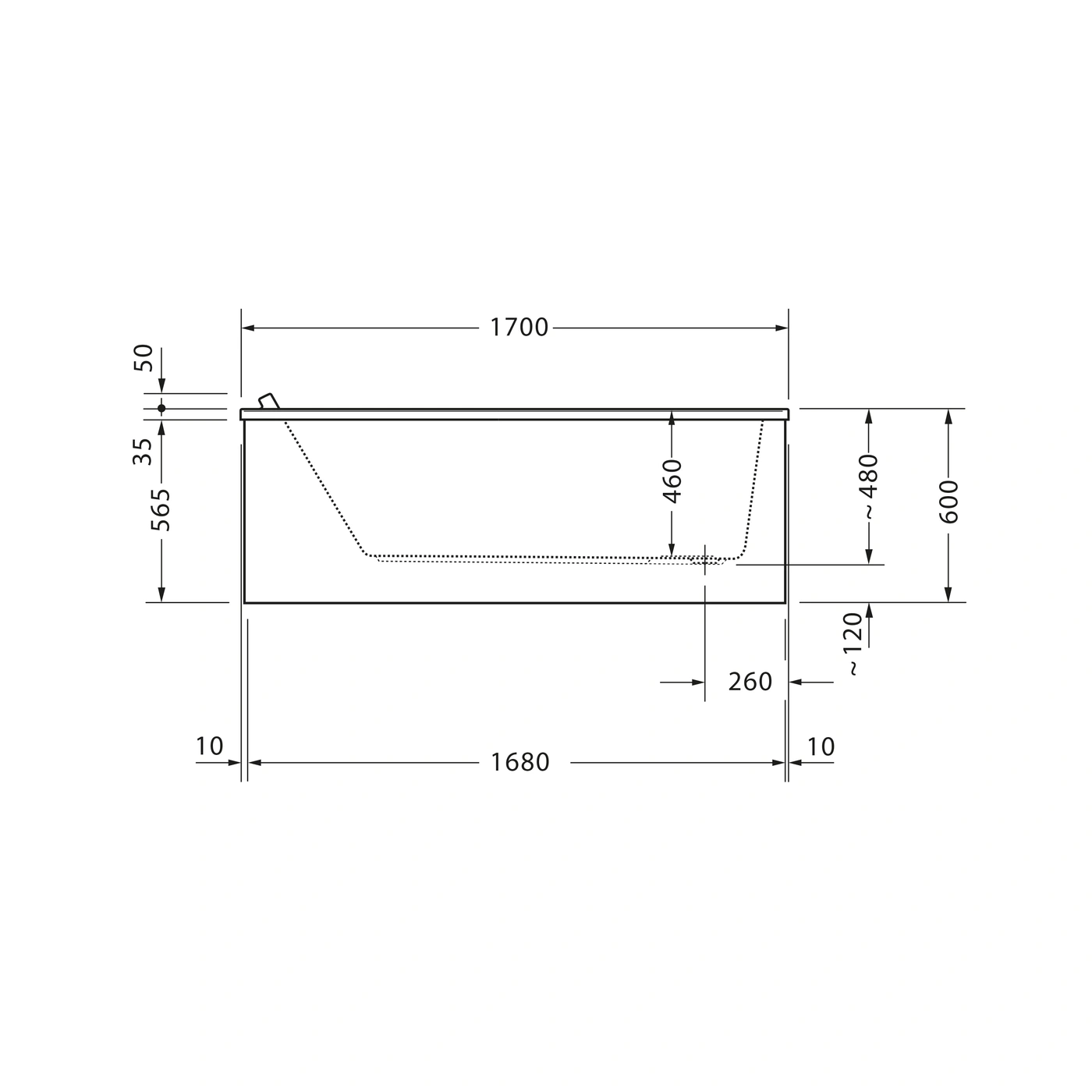 Badewanne mit Maßen: 1700mm lang, 600mm hoch, 1680mm breit. Seitenansicht mit Details.