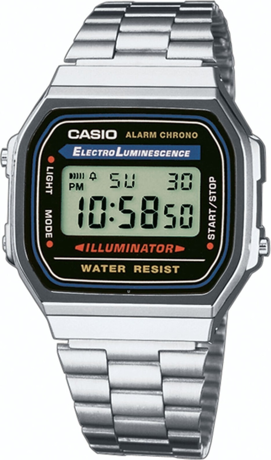 Casio Uhr, Digitaluhr, silbernes Armband, Anzeige von Zeit und Datum, beleuchtetes Display, Alarmfunktion