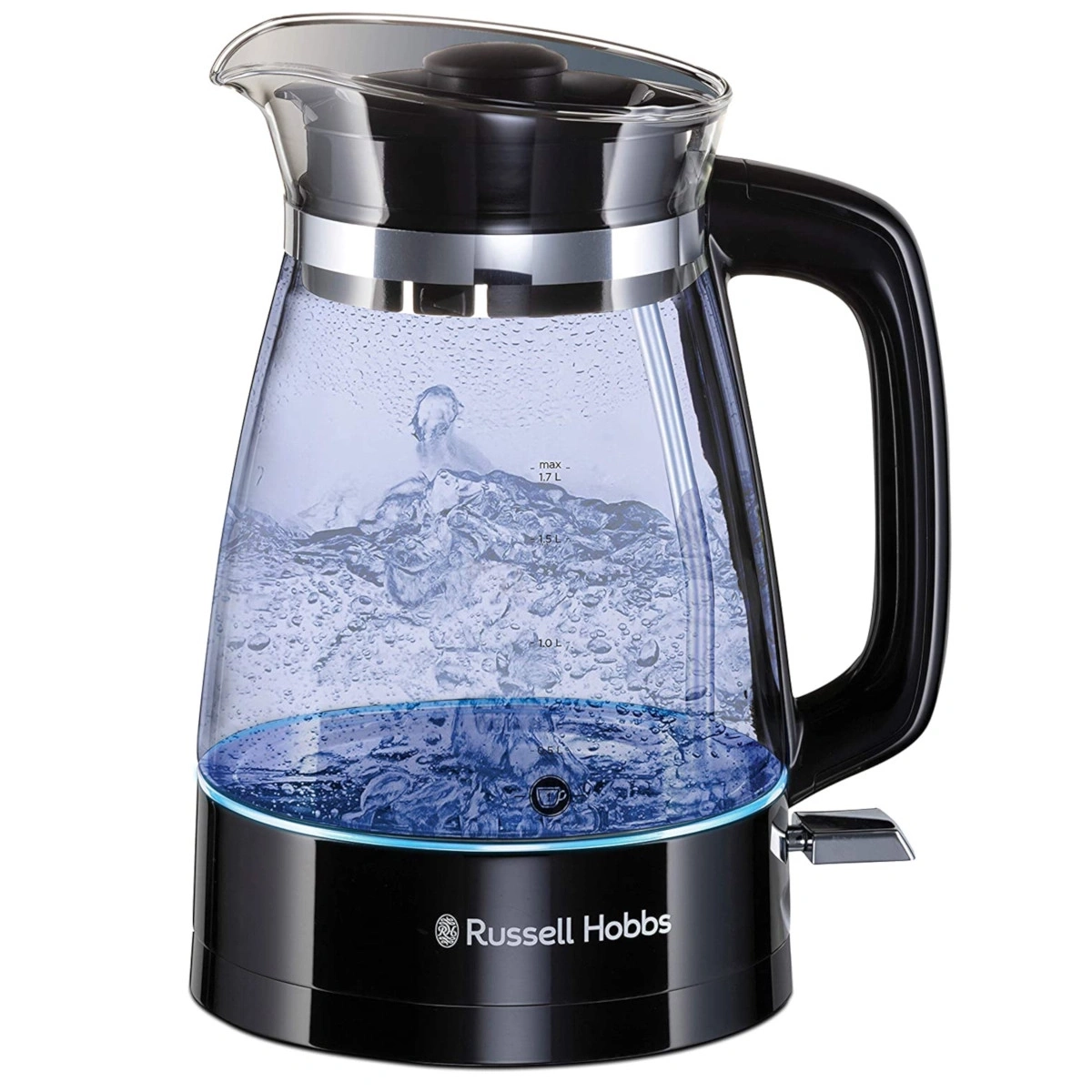 Wasserkocher aus Glas mit blauem Licht und Russell Hobbs Logo