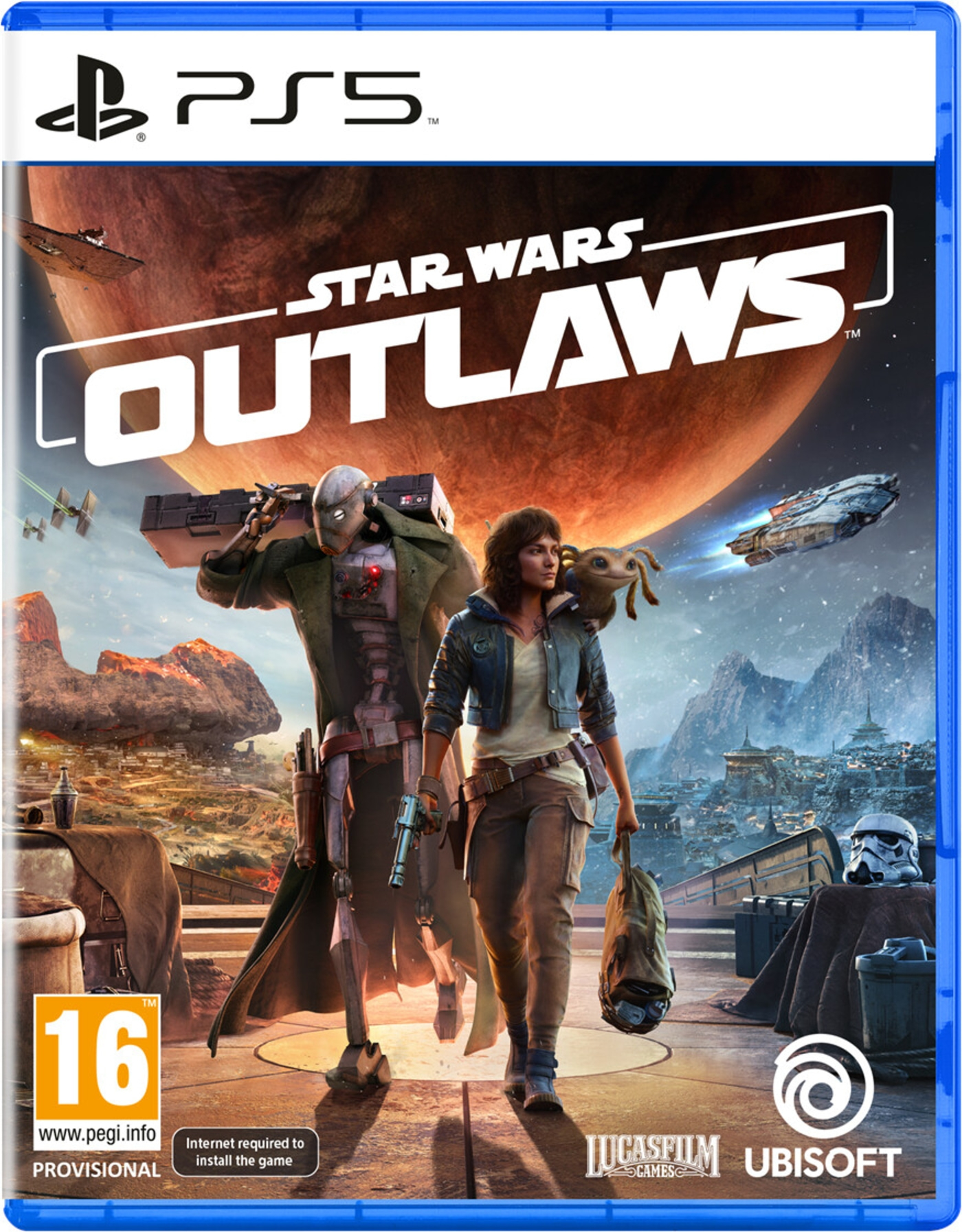 Star Wars Outlaws PS5 Spielcover mit Charakteren und Logo von Lucasfilm Games und Ubisoft