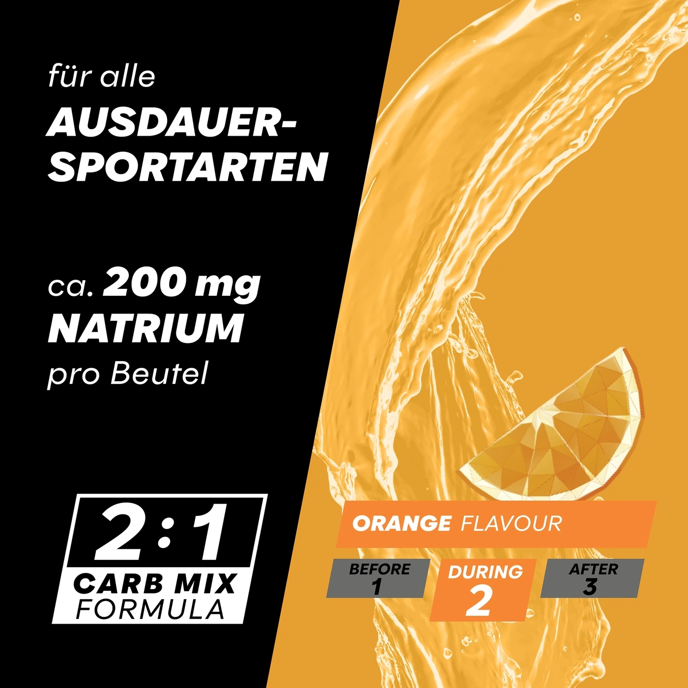 Orange Energiedrink für Ausdauersportler mit Natrium und 2:1 Kohlenhydratformel