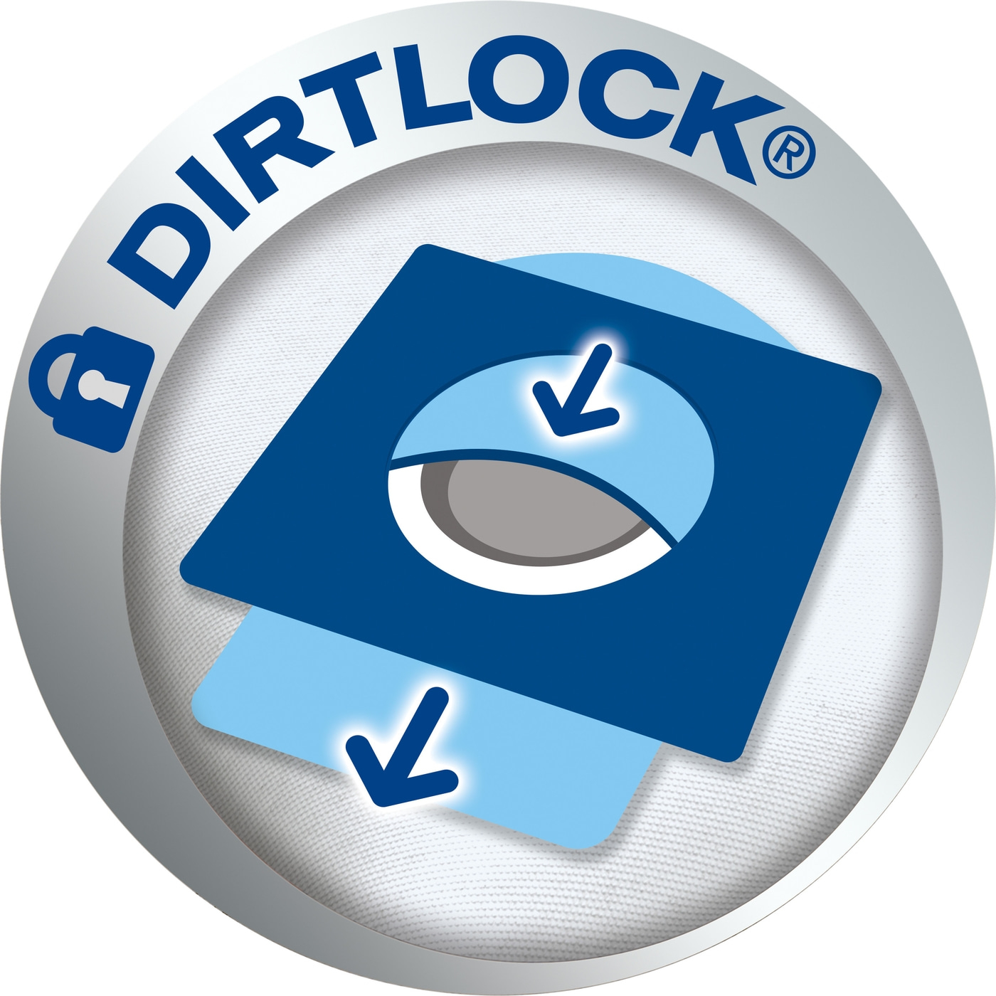 Logo mit blauem Quadrat und Pfeilen, DIRT LOCK-Schriftzug, Schutzsymbol