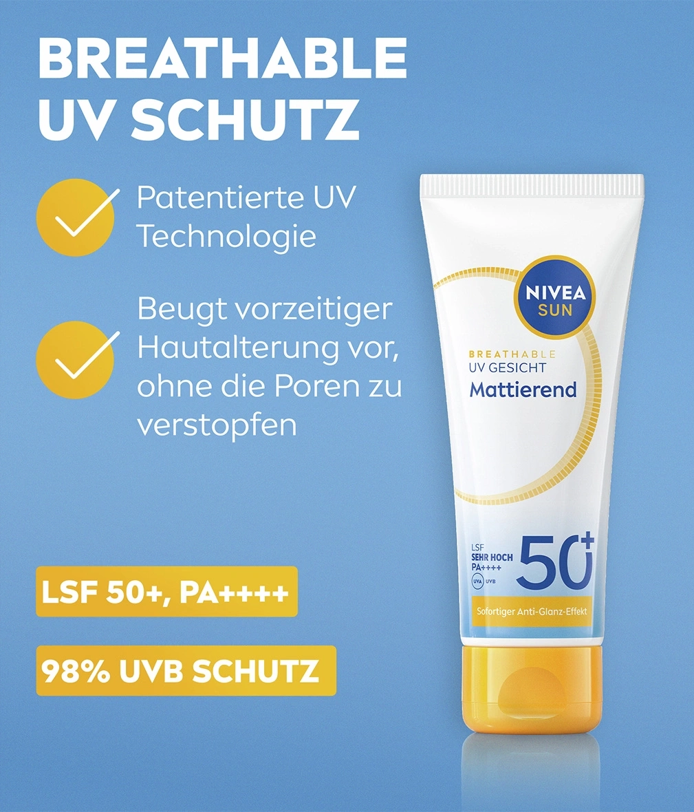 Nivea Sun LSF 50+, PA++++ Sonnenschutz mit mattierendem Effekt für das Gesicht.
