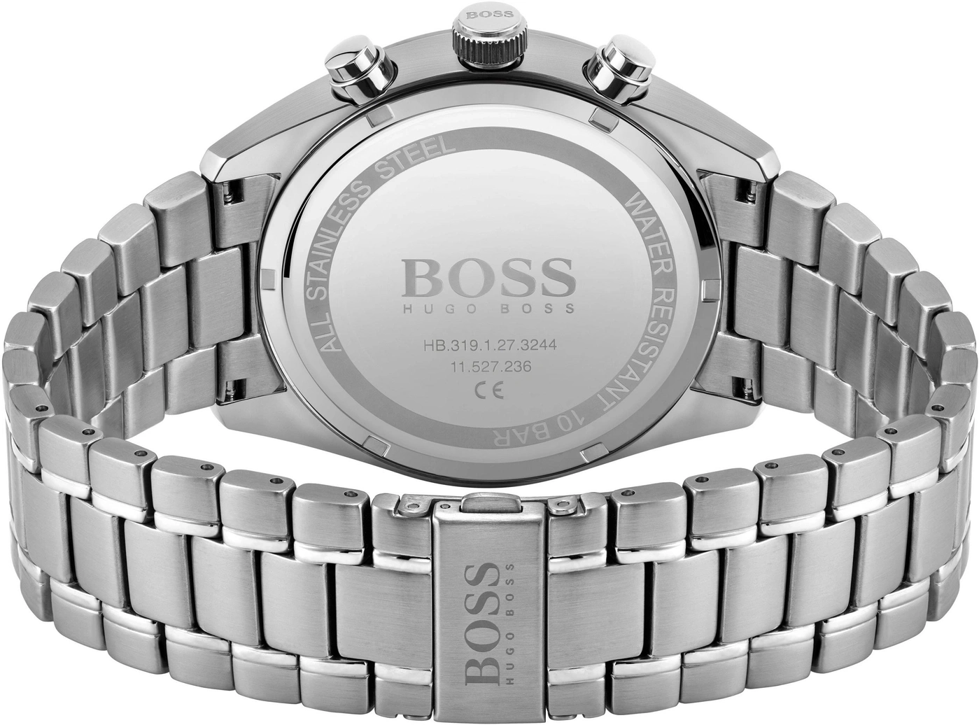 Nahaufnahme eines silbernen BOSS-Uhrenarmbands mit sichtbaren Gliedern und einem Verschluss