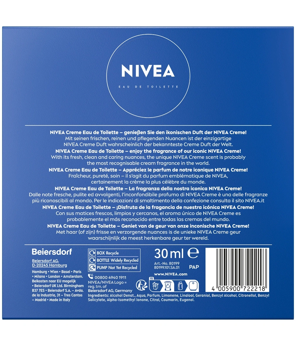 NIVEA Eau de Toilette, Produktbeschreibung, Inhaltsstoffe, Recycling-Informationen, 30ml Flasche