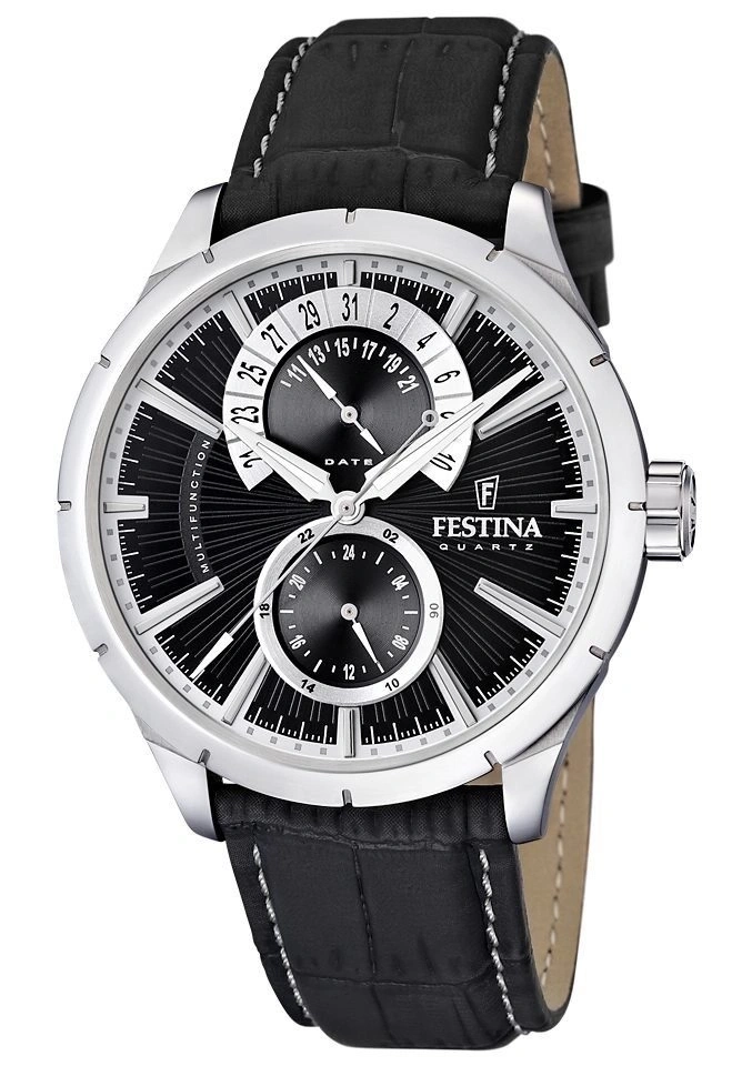 Festina Herrenuhr mit Lederarmband und schwarzem Zifferblatt