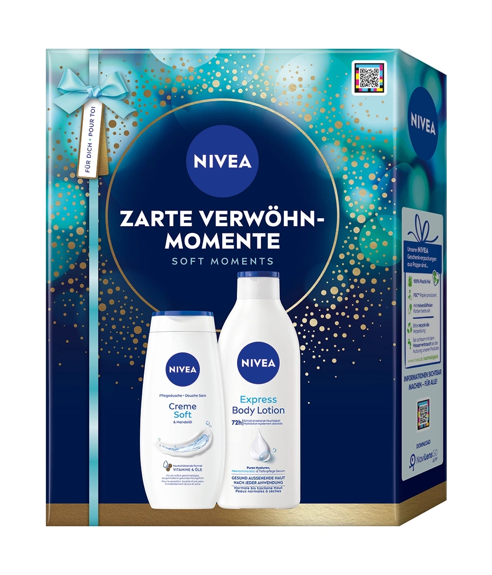 NIVEA Duschgel und Body Lotion Geschenkset mit goldenen Punkten auf blauem Hintergrund.