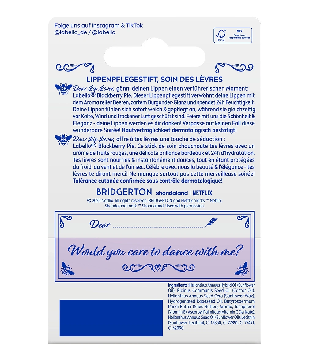 Rückseite eines Lippenbalsams mit dem Titel "Lippenpflegestift, Soin des Lèvres".