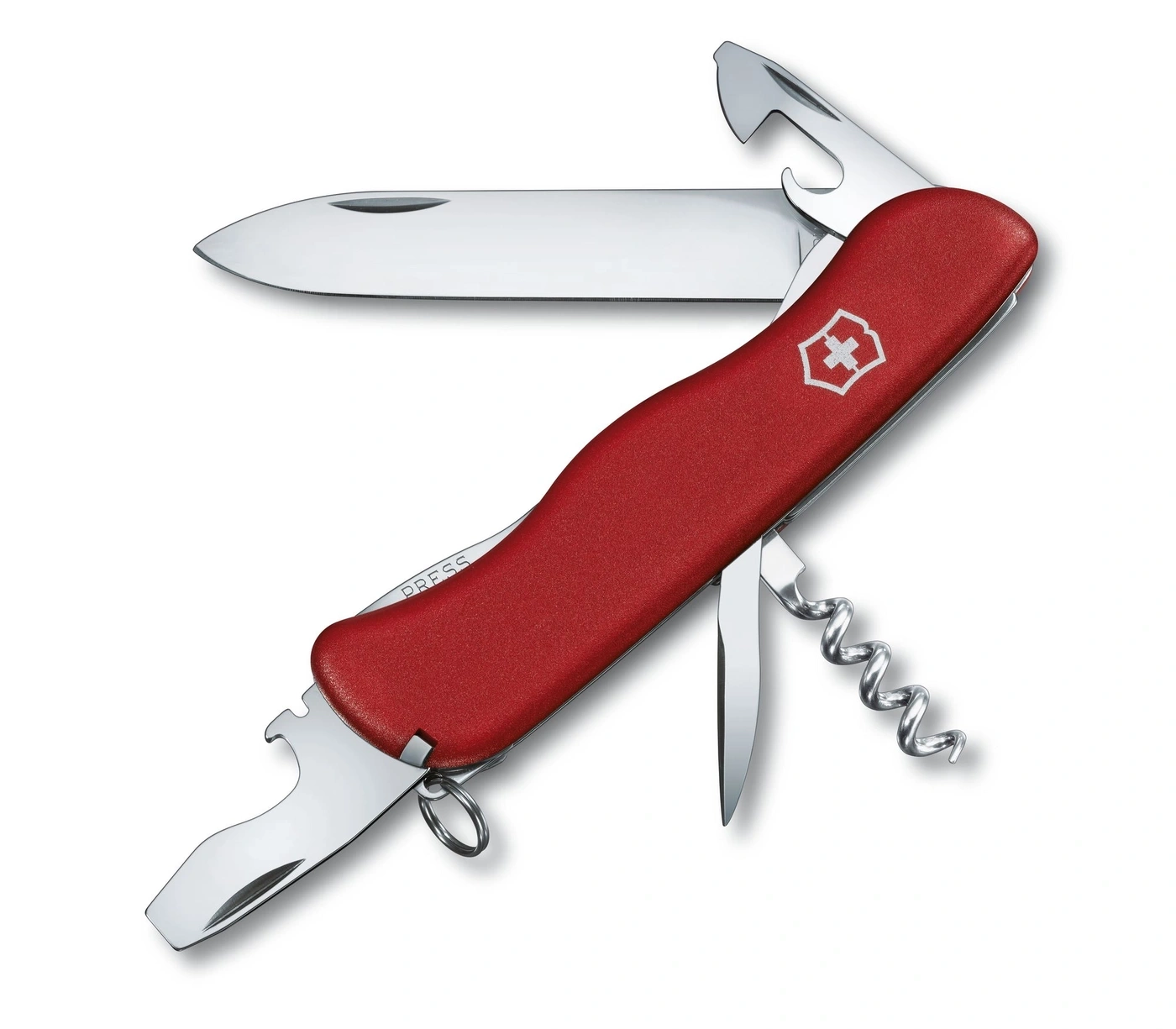 Ein rotes Schweizer Taschenmesser mit ausgeklappten Werkzeugen wie Messer, Korkenzieher und Flaschenöffner.