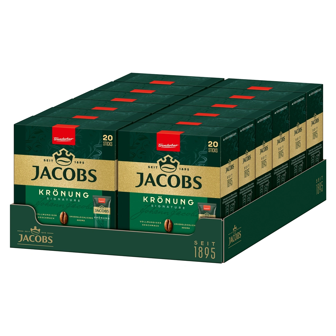 Verpackung von Jacobs Krönung Kaffee mit 20 Sticks.