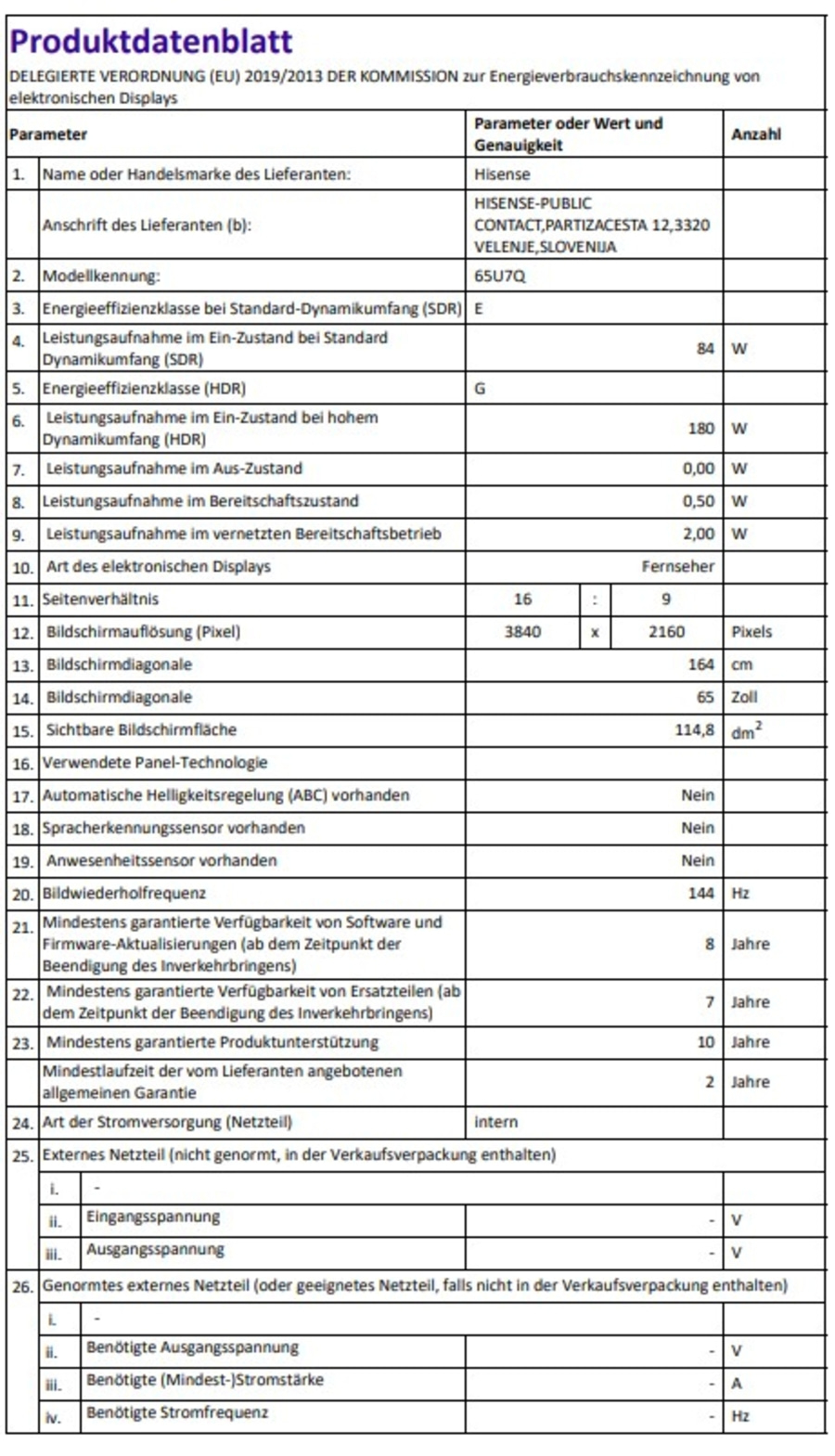 Produktdatenblatt: Energieeffizienz, Bildschirm, Stromversorgung, Hisense, Modellkennung, Verbrauch.