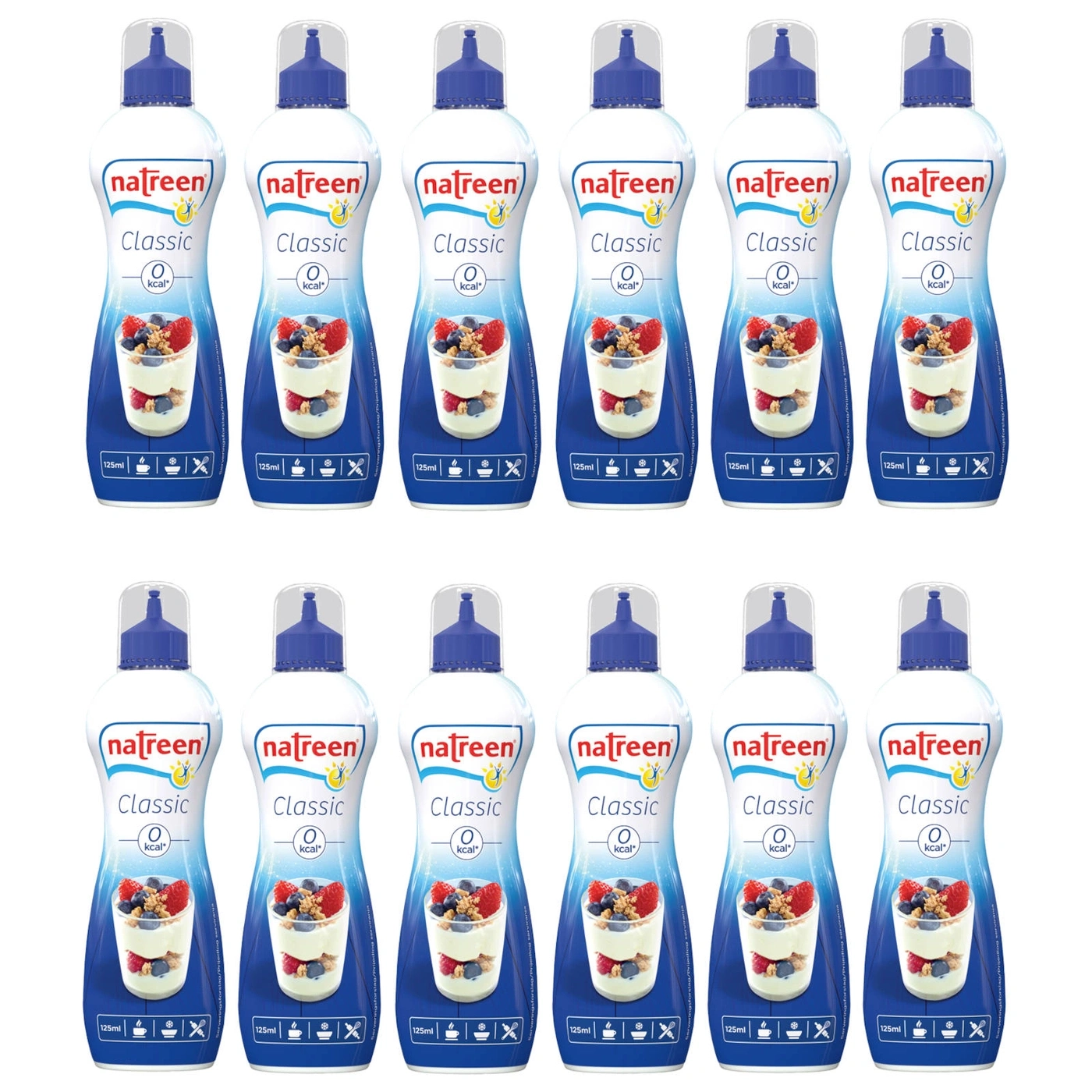 Mehrere Flaschen Natreen Classic mit 0 kcal, 125ml, Dessert-Abbildung, blaue Deckel.