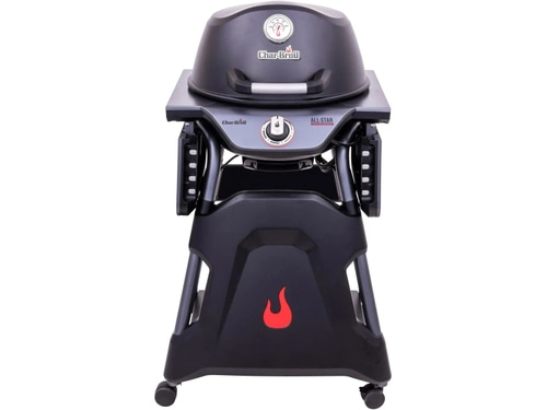 Schwarzer Char-Broil All-Star Gasgrill mit rotem Flammenlogo und Rädern