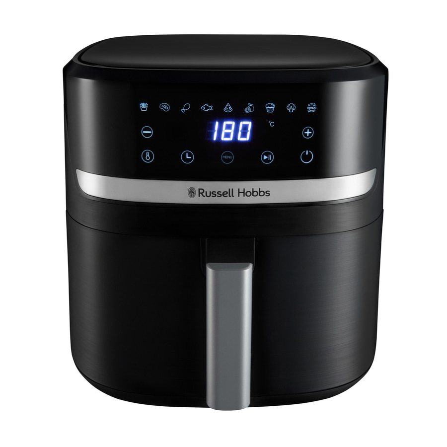 Schwarze Heißluftfritteuse mit digitaler Anzeige und Russell Hobbs Logo.
