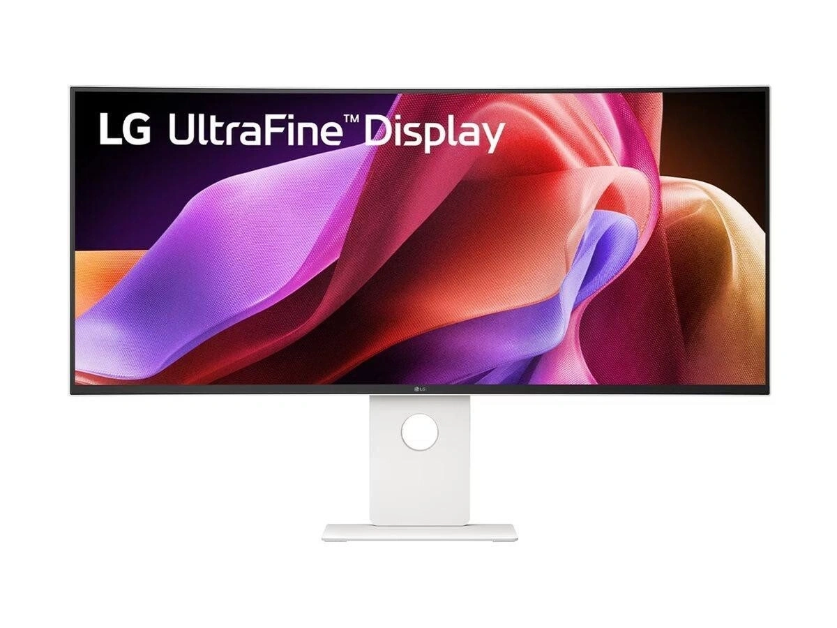 Ein moderner LG UltraFine Monitor mit einem bunten Hintergrundbild.