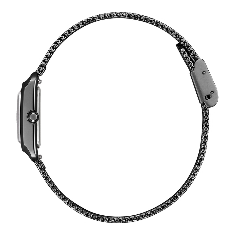 Uhr mit schwarzem Armband, Seitenansicht, Detailaufnahme, isoliert auf weißem Hintergrund