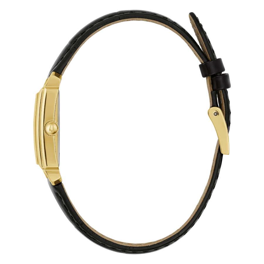 Goldene Uhr mit schwarzem Lederarmband, Seitenansicht, elegantes Design, Accessoire