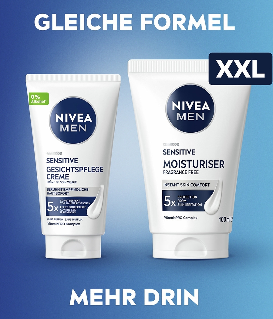 NIVEA MEN Sensitive Hautpflege Creme und Feuchtigkeitscreme auf blauem Hintergrund mit Text.