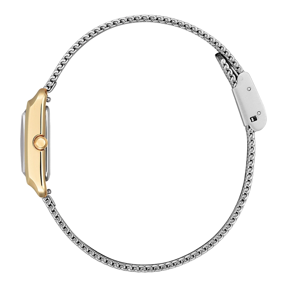 Uhr mit goldenem Gehäuse und silbernem Armband, Seitenansicht, isoliert