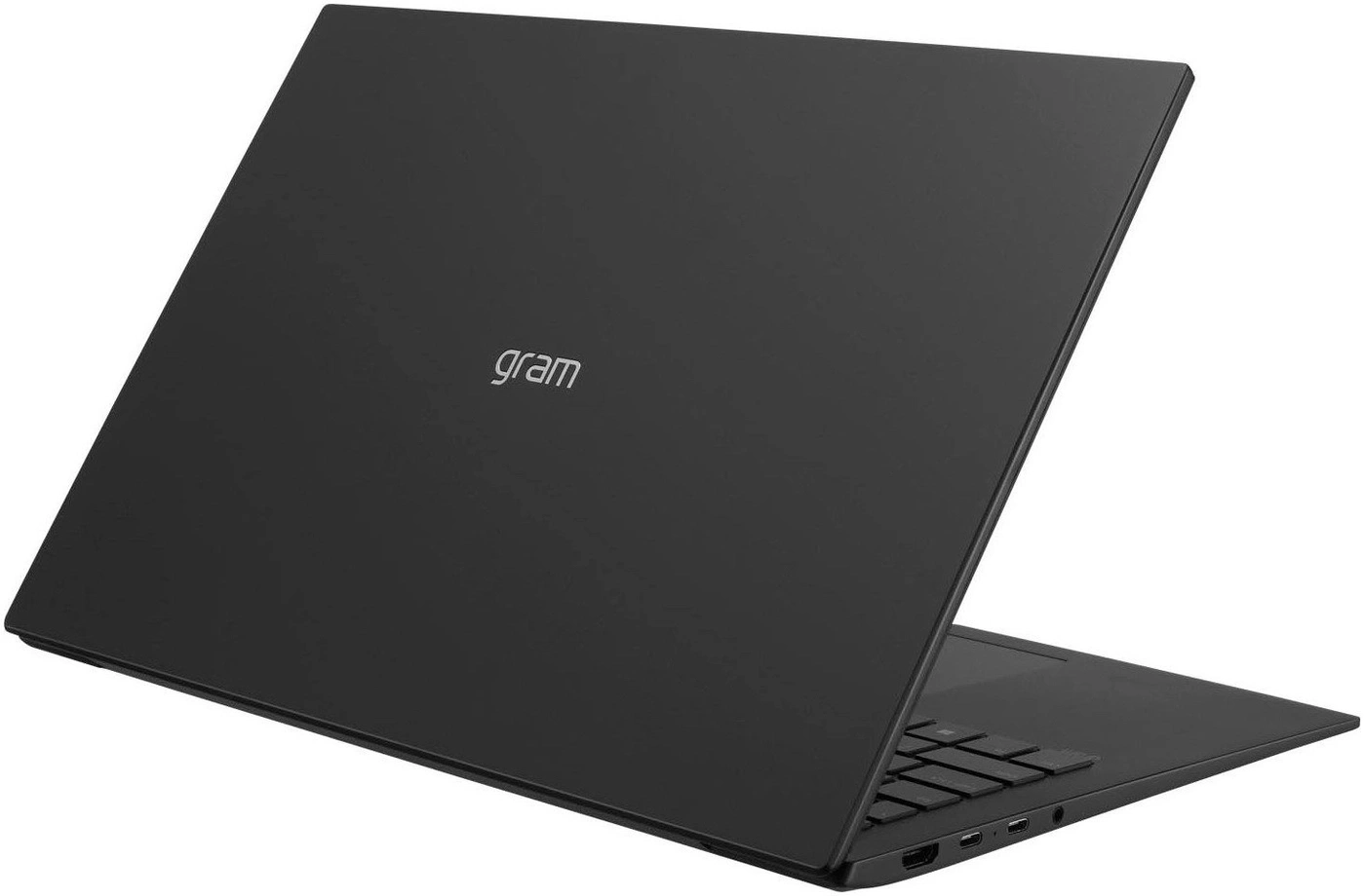 Schwarzer LG Gram Laptop mit "gram" Logo auf dem Deckel