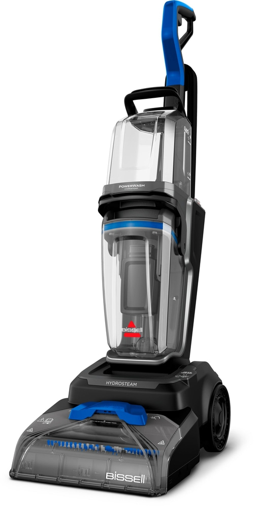 Bissell PowerWash HydroSteam Teppichreiniger mit blauen Akzenten, transparenten Tanks und Bürstenkopf.