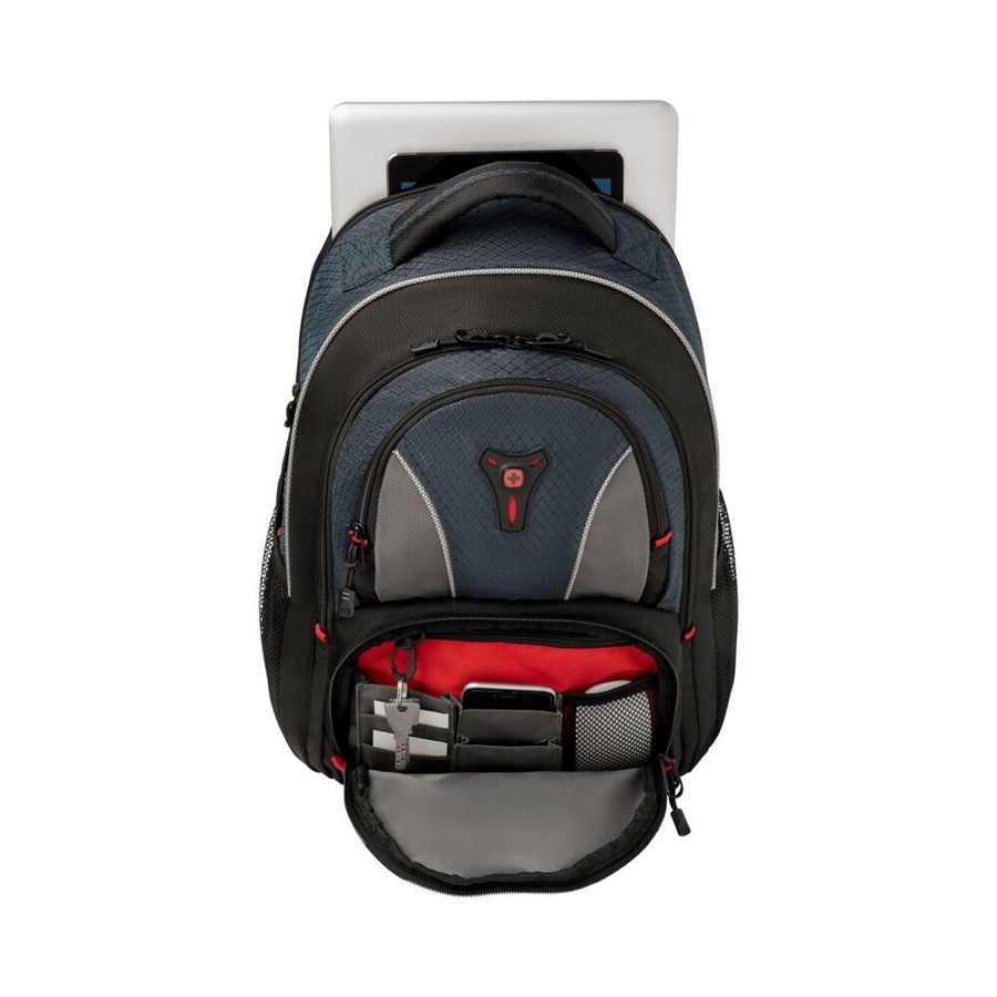 Schwarzer Rucksack mit Laptop und geöffneten Taschen, Schlüssel und Handy.