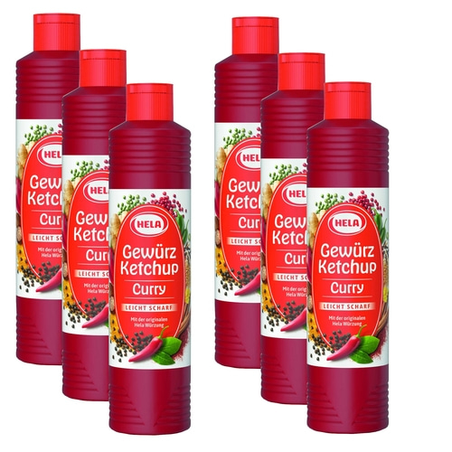 6 x Hela Ketchup Curry leicht scharf 800 ml Gewürzketchup Flasche Ketchupflasche