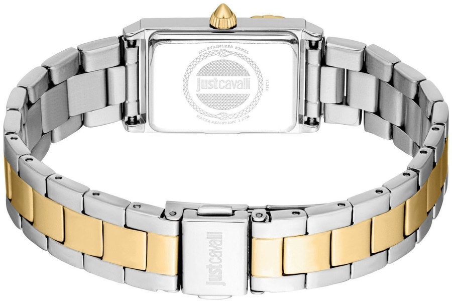 Eine Rückansicht einer silbernen und goldenen Armbanduhr von Just Cavalli