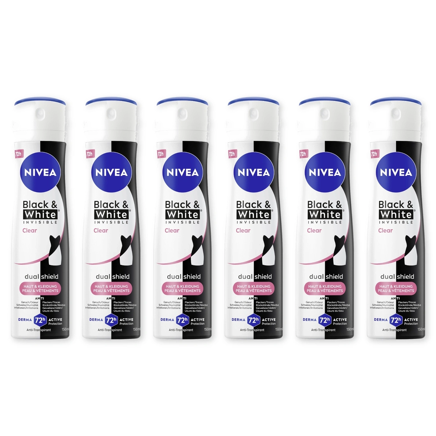 Sechs Nivea Black & White Invisible Clear Deospray-Flaschen, weißer Hintergrund