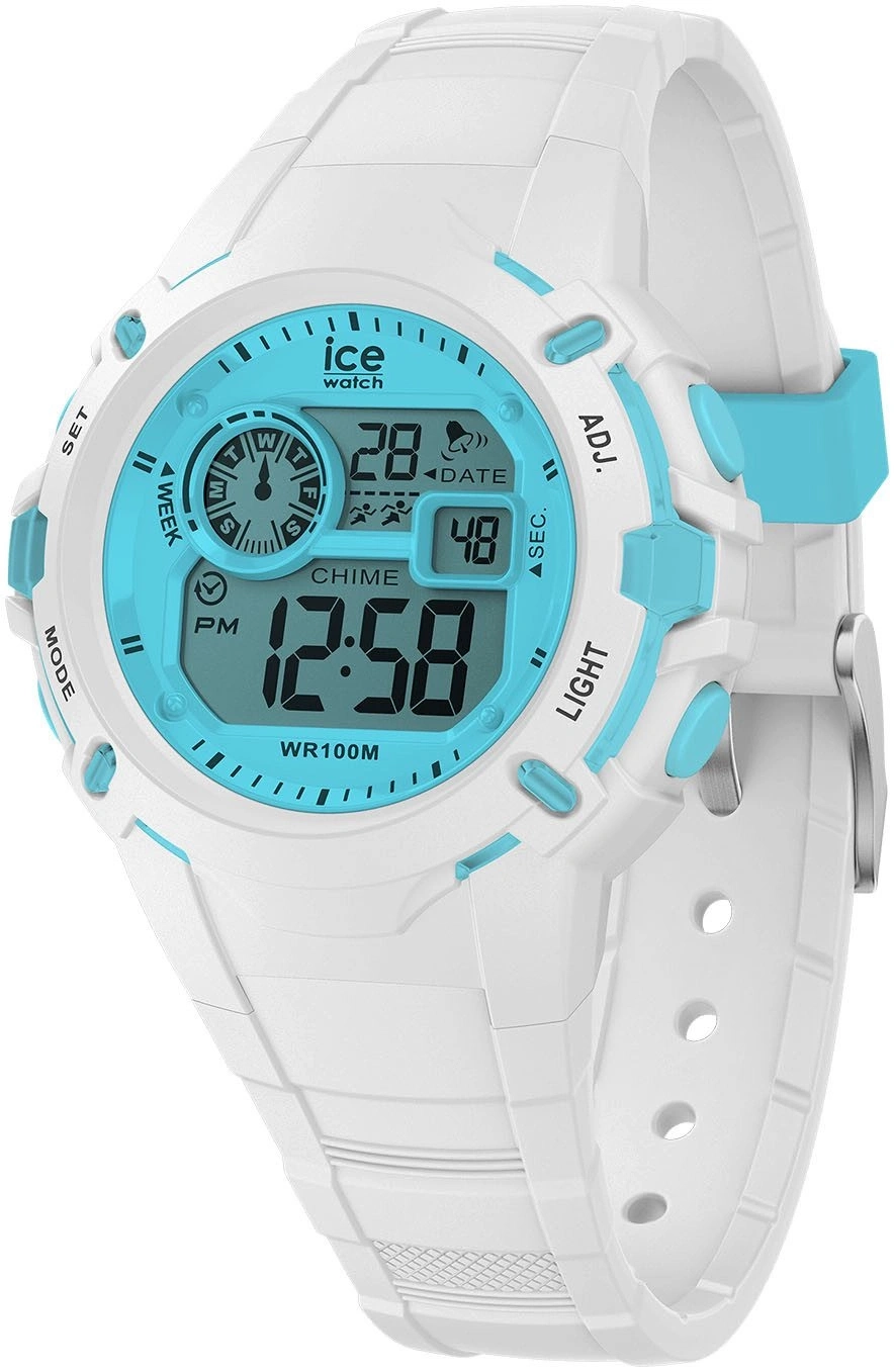 weiße und hellblaue ICE WATCH-Digitaluhr mit weißem Armband und hellem Zifferblatt