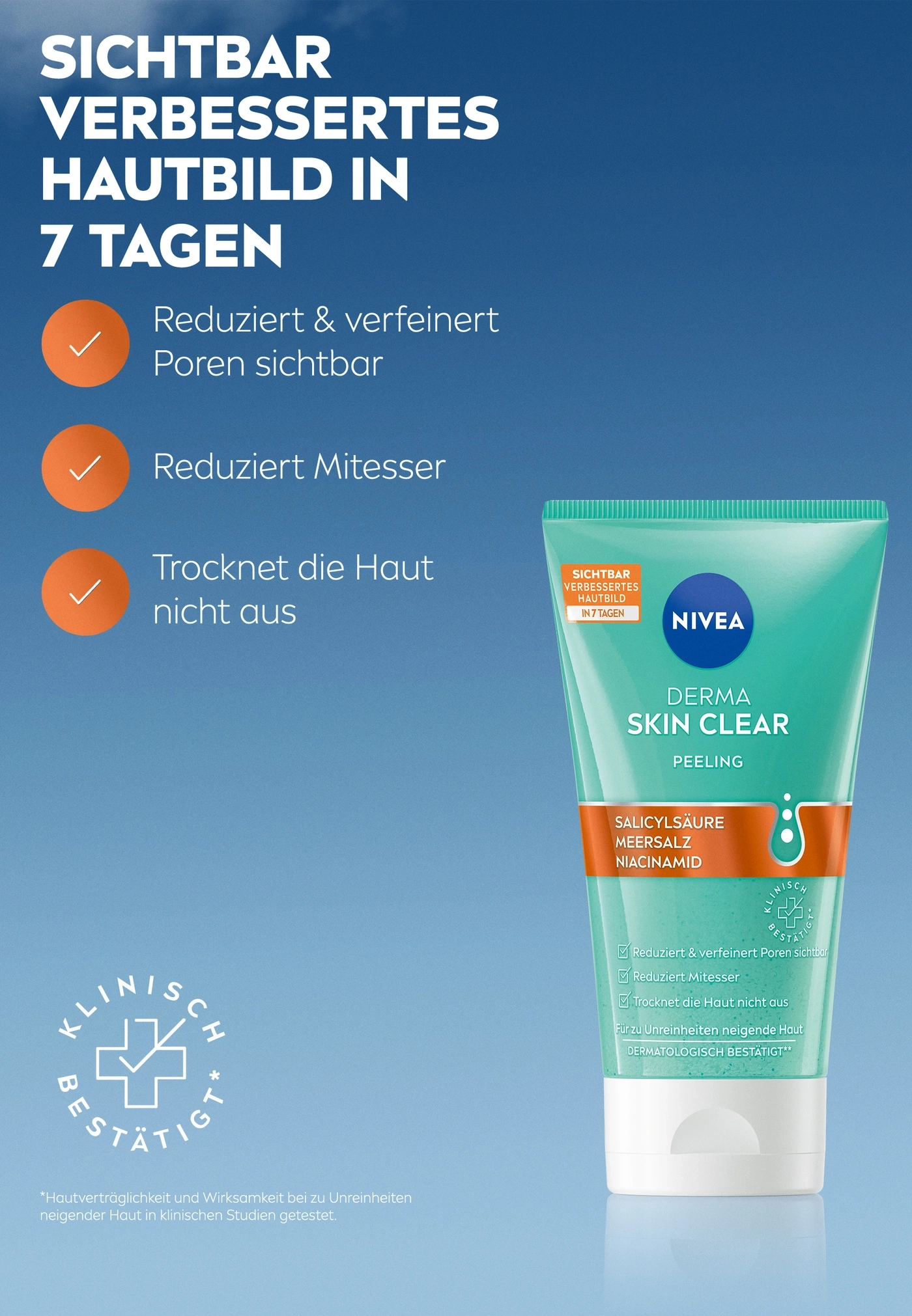 Nivea Derma Skin Clear Peeling mit Salicylsäure, Meersalz und Niacinamid für sichtbare Hautverbesserung in 7 Tagen.