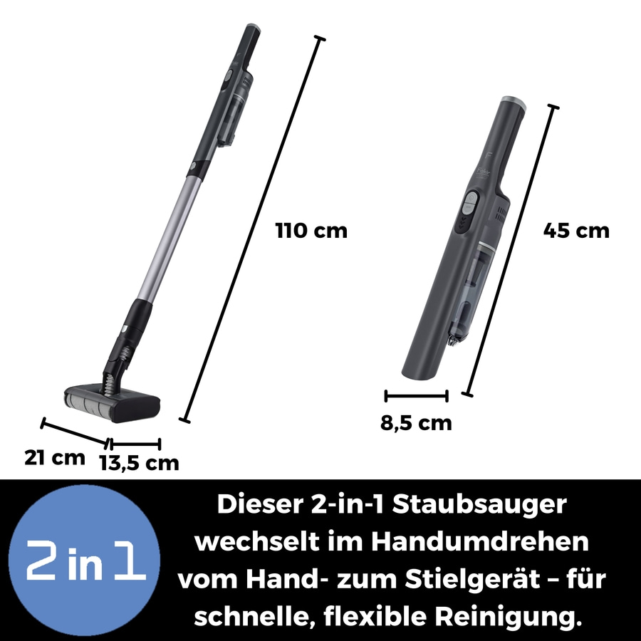 Staubsauger mit Abmessungen und Text auf Deutsch, "Dieser 2-in-1 Staubsauger wechselt im Handumdrehen vom Hand- zum Stielgerät – für schnelle, flexible Reinigung."