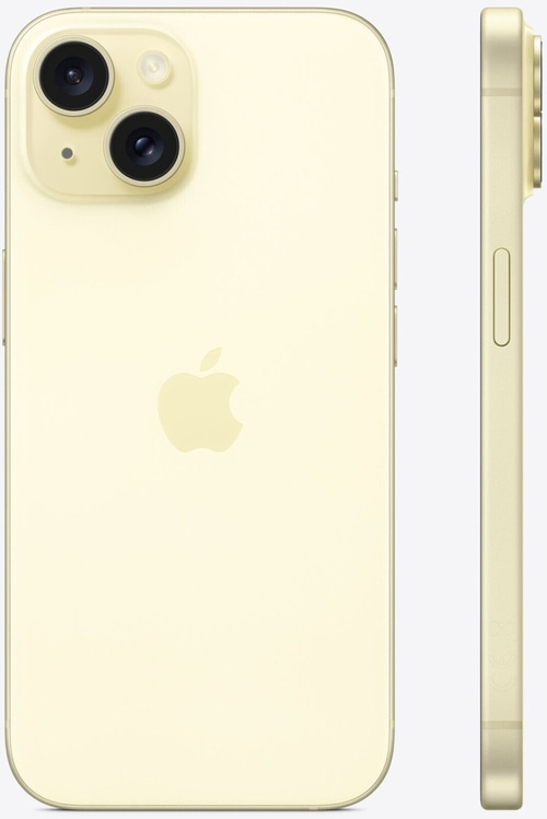 Gelbes iPhone mit Kamera und Apple-Logo, Seitenansicht, Nahaufnahme