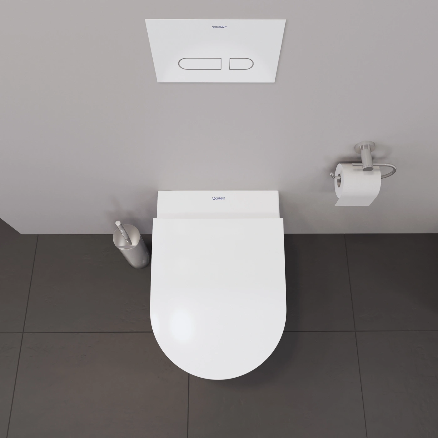 Draufsicht auf eine weiße Toilette mit Spülung und Toilettenpapierhalter