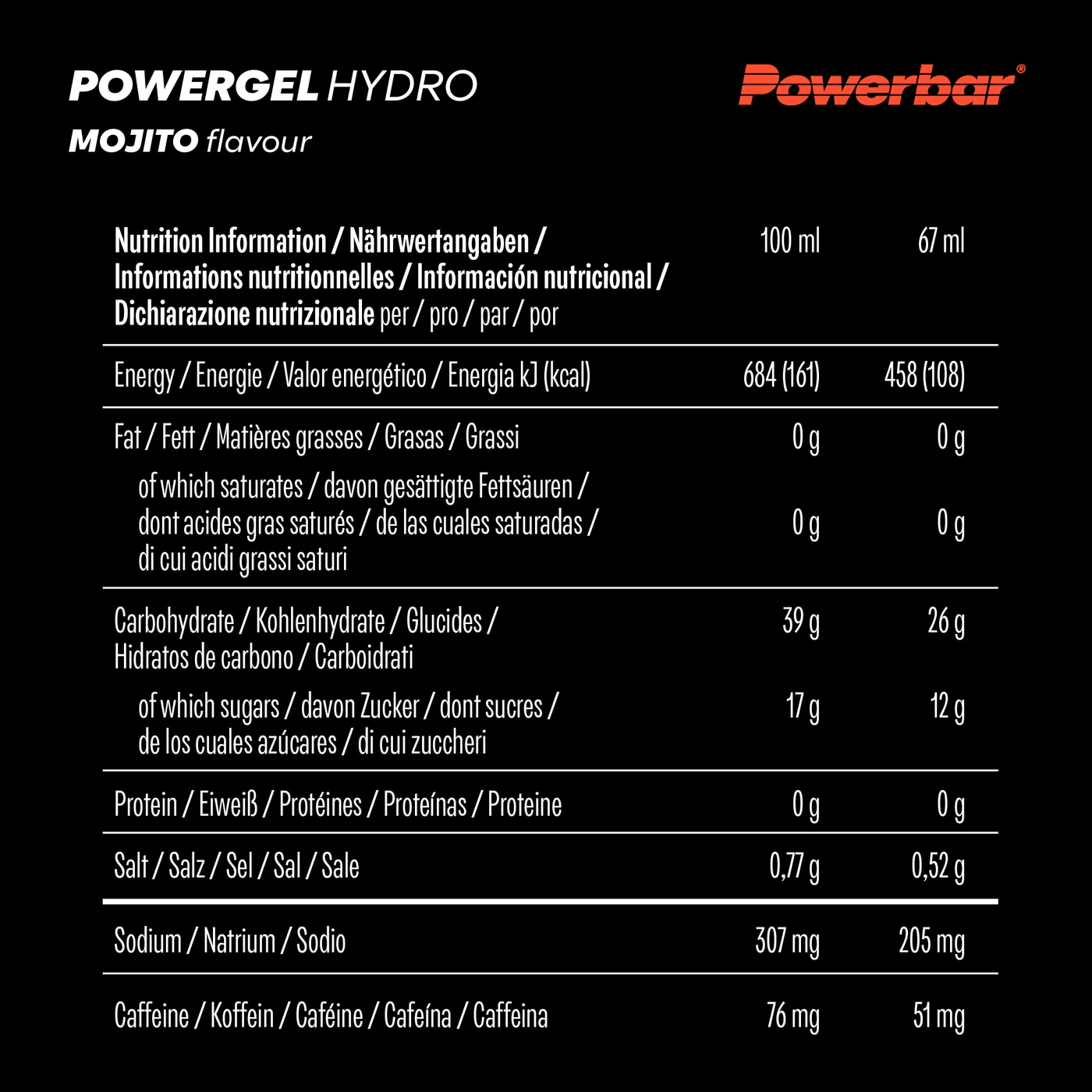 POWERBAR PowerGel Hydro Mojito High Carb Energie Gel Natrium Koffein 24 x 67 ml