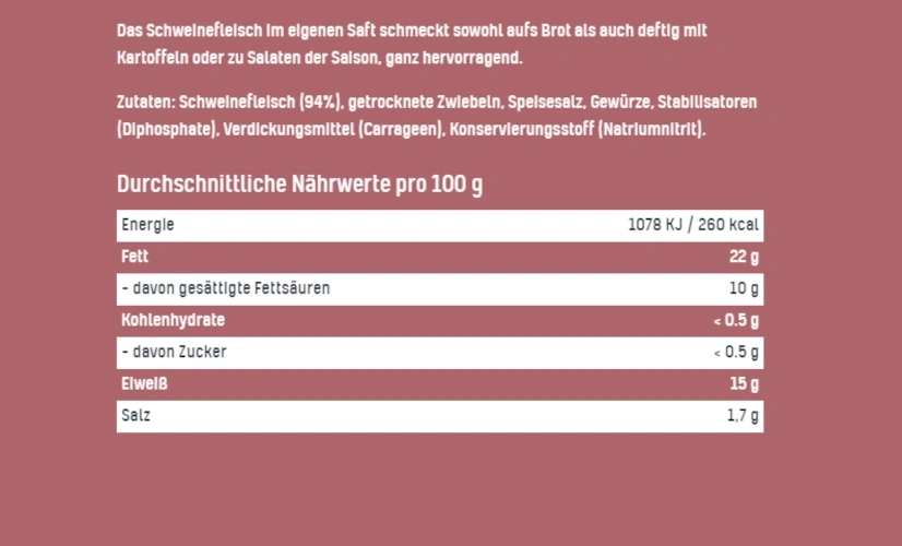 Nährwertangaben für Schweinefleisch pro 100g mit Energie, Fett, Kohlenhydrate und Salz.