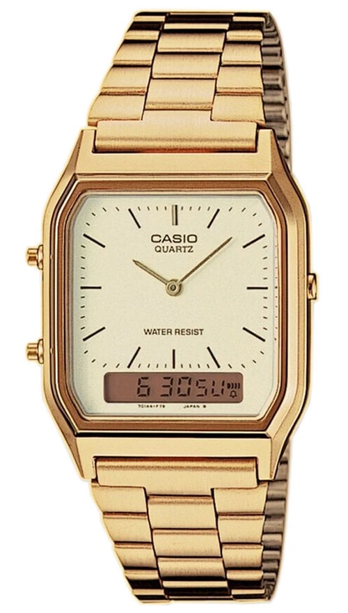 Goldfarbene Casio Quarzuhr mit analoger und digitaler Anzeige.