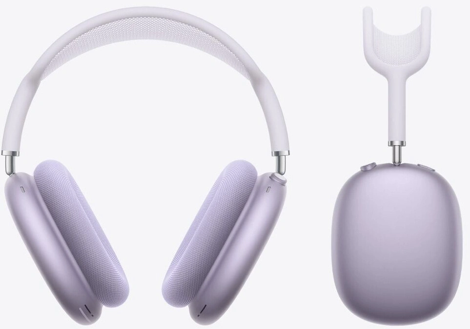 Ein Paar violetter Apple AirPods Max Kopfhörer, links und rechts im Bild.